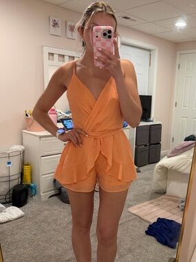 Francesca's Collections Peach-Orange Ruffle Romper